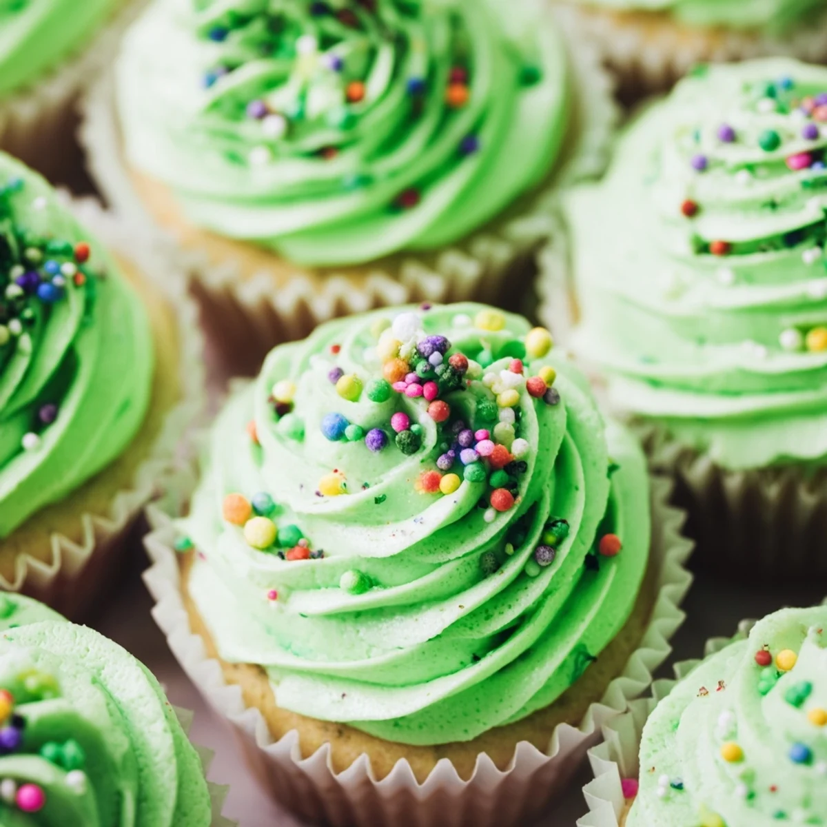 Tiered cupcake Christmas tree featuring green frosted cupcakes arranged in a triangular shape with gold star topper