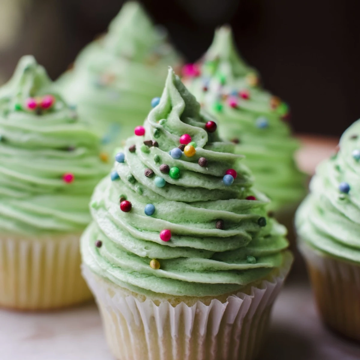 Holiday dessert display showing green buttercream cupcakes stacked as a Christmas tree with ornaments and coconut snow