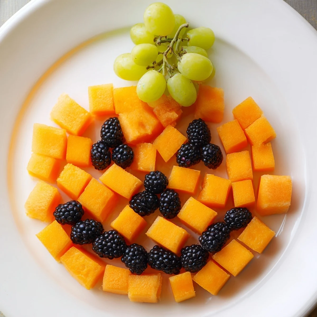 Festive pumpkin fruit tray Halloween platter arranged with cantaloupe cubes, grapes, and blackberries