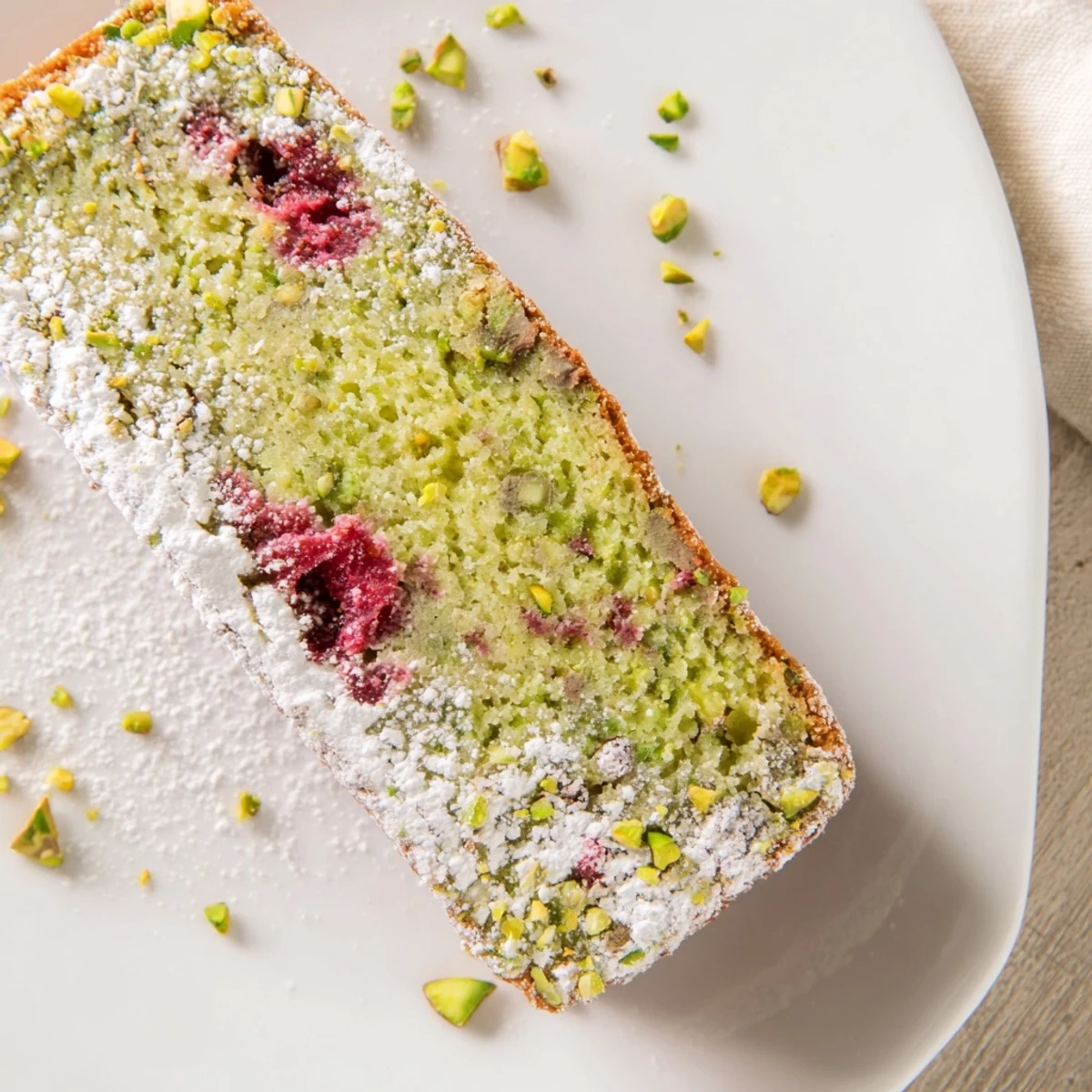 Moist green pistachio layer cake studded with tart red raspberries on white plate