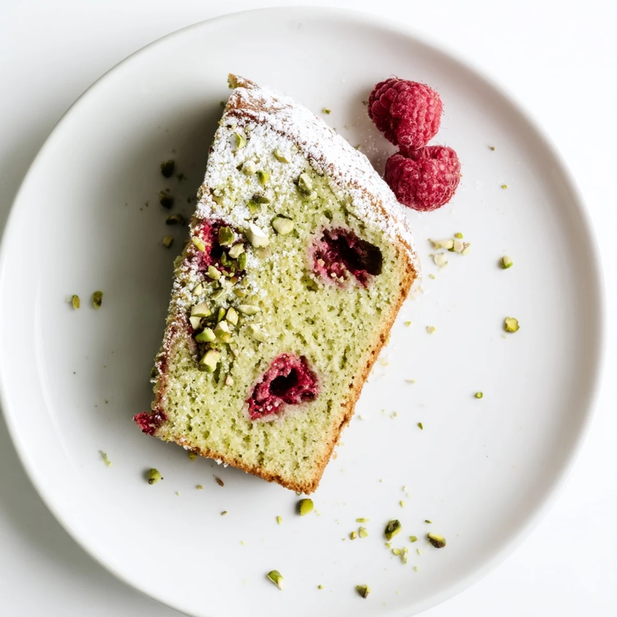 Golden pistachio raspberry cake slice topped with fresh berries and powdered sugar dusting