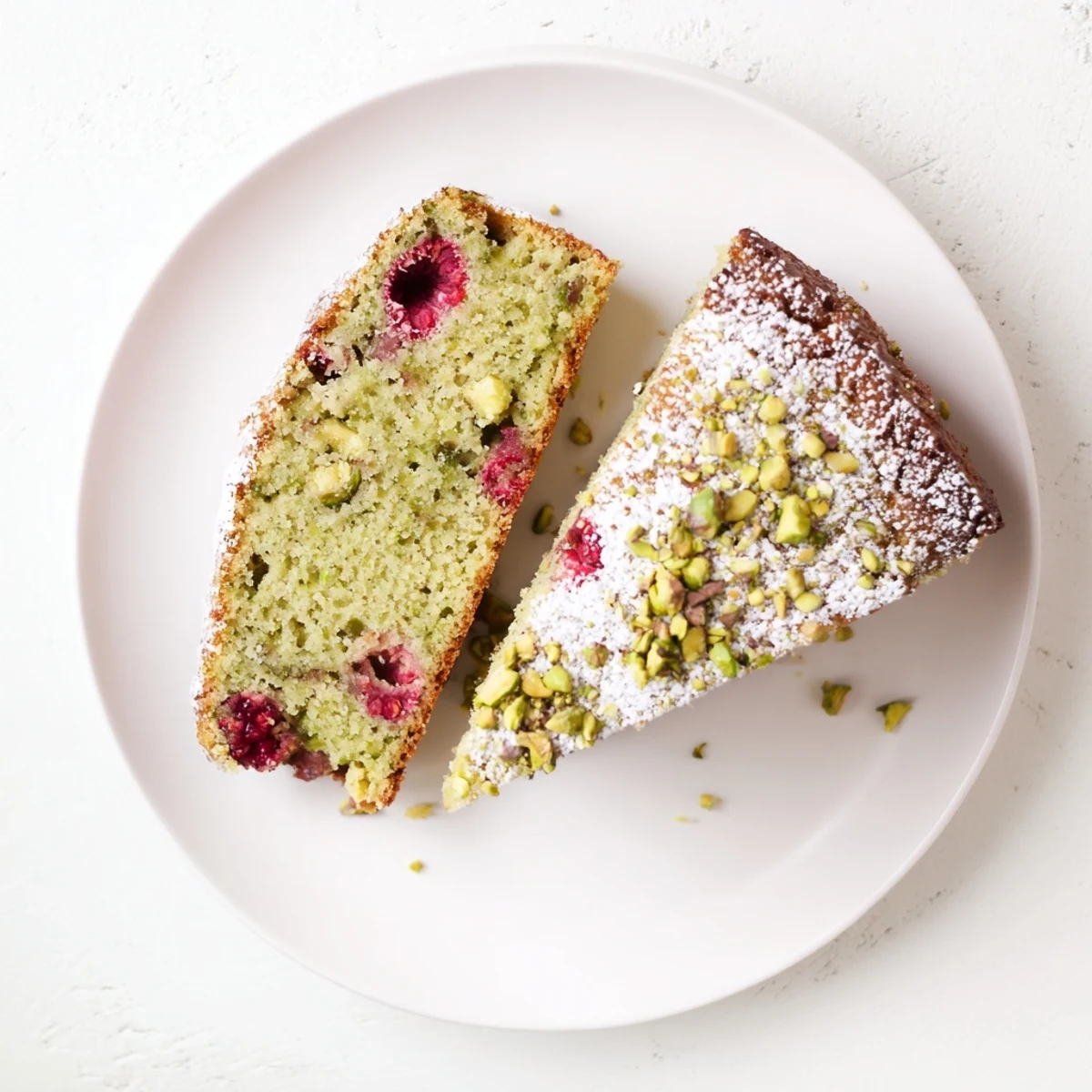 Homemade pistachio raspberry cake with chopped nut garnish served for afternoon dessert