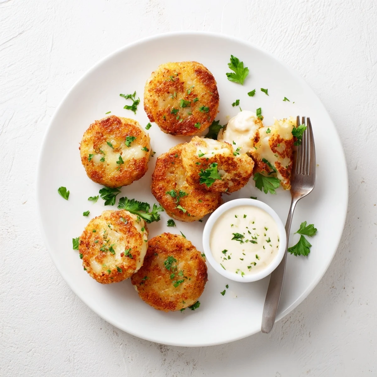 Golden brown cheesy chicken fritters served with creamy white garlic aioli dip for dipping