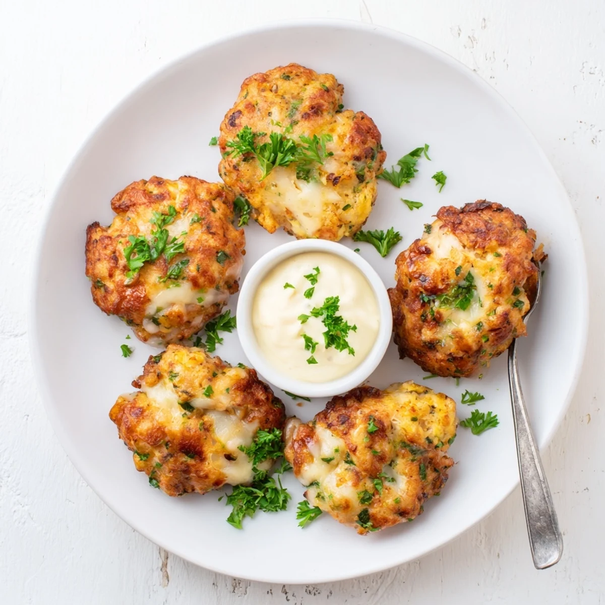 Crispy pan-fried chicken fritters oozing melted cheese alongside a bowl of homemade garlic aioli