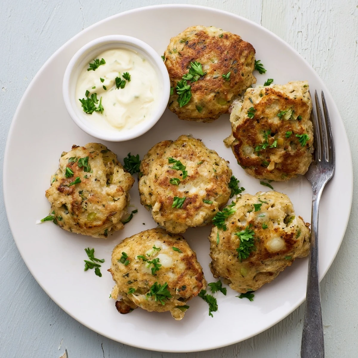 Plate of tender golden chicken fritters garnished with fresh parsley next to garlic aioli
