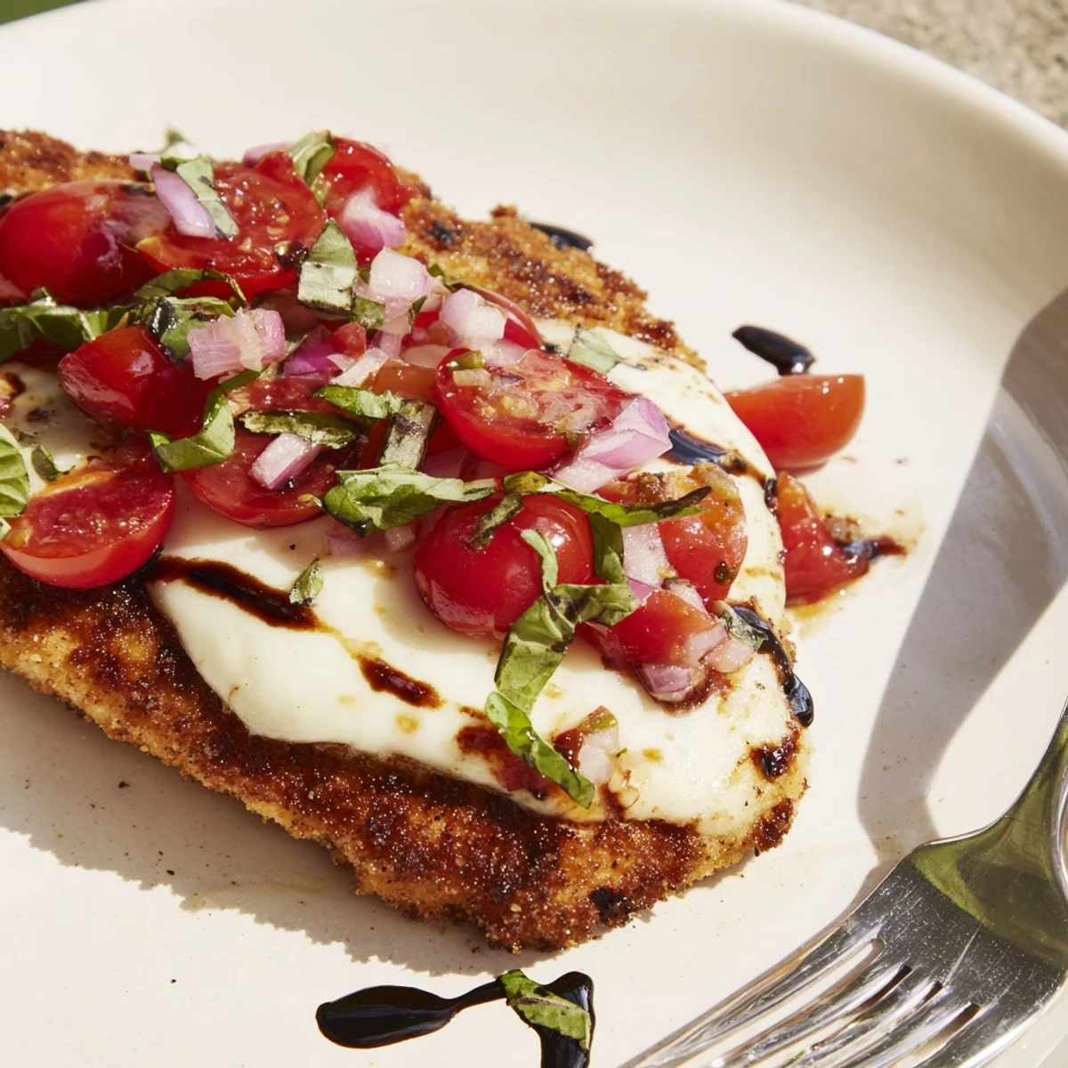 Golden baked chicken breast topped with melted mozzarella and vibrant tomato basil bruschetta topping