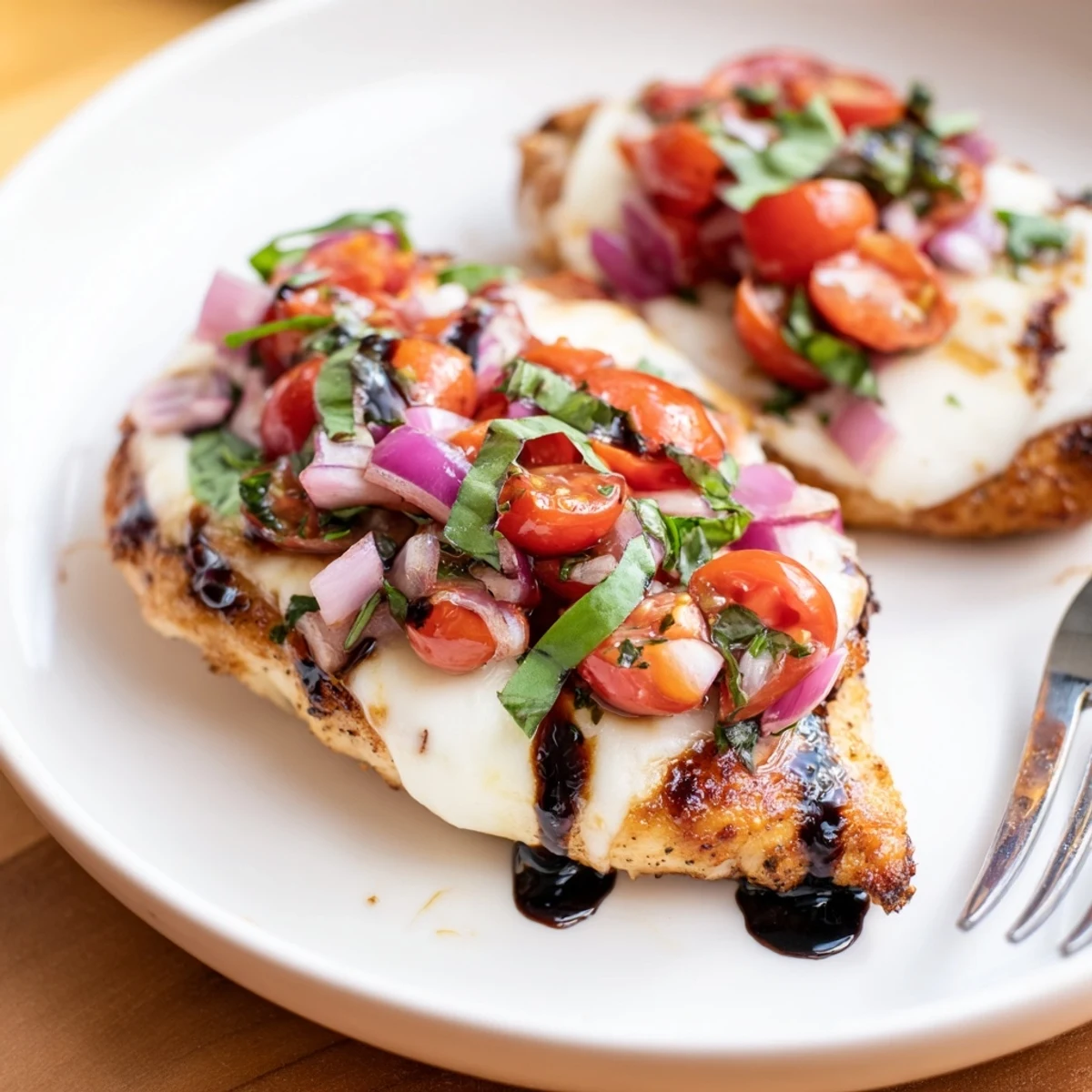 Tender oven-baked chicken smothered in fresh tomato bruschetta and melted mozzarella slices