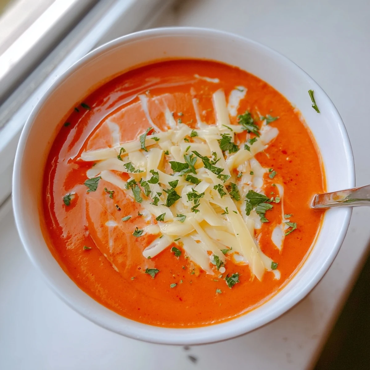 Creamy roasted red pepper Gouda soup garnished with fresh parsley and extra shredded cheese