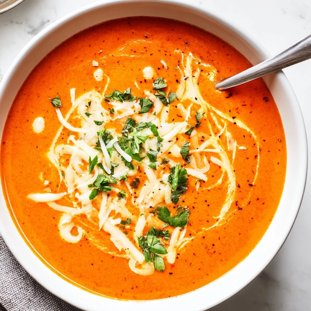 Velvety smooth bowl of roasted red pepper and smoked Gouda soup served piping hot
