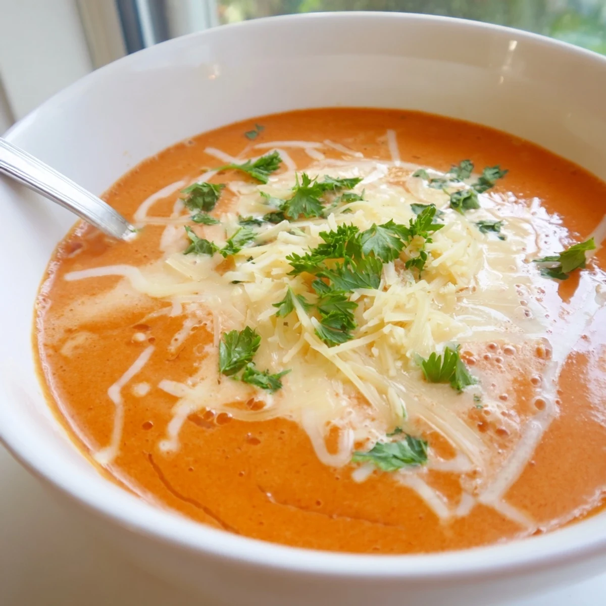 Golden roasted red pepper Gouda soup with floating cheese shreds and green parsley sprinkle