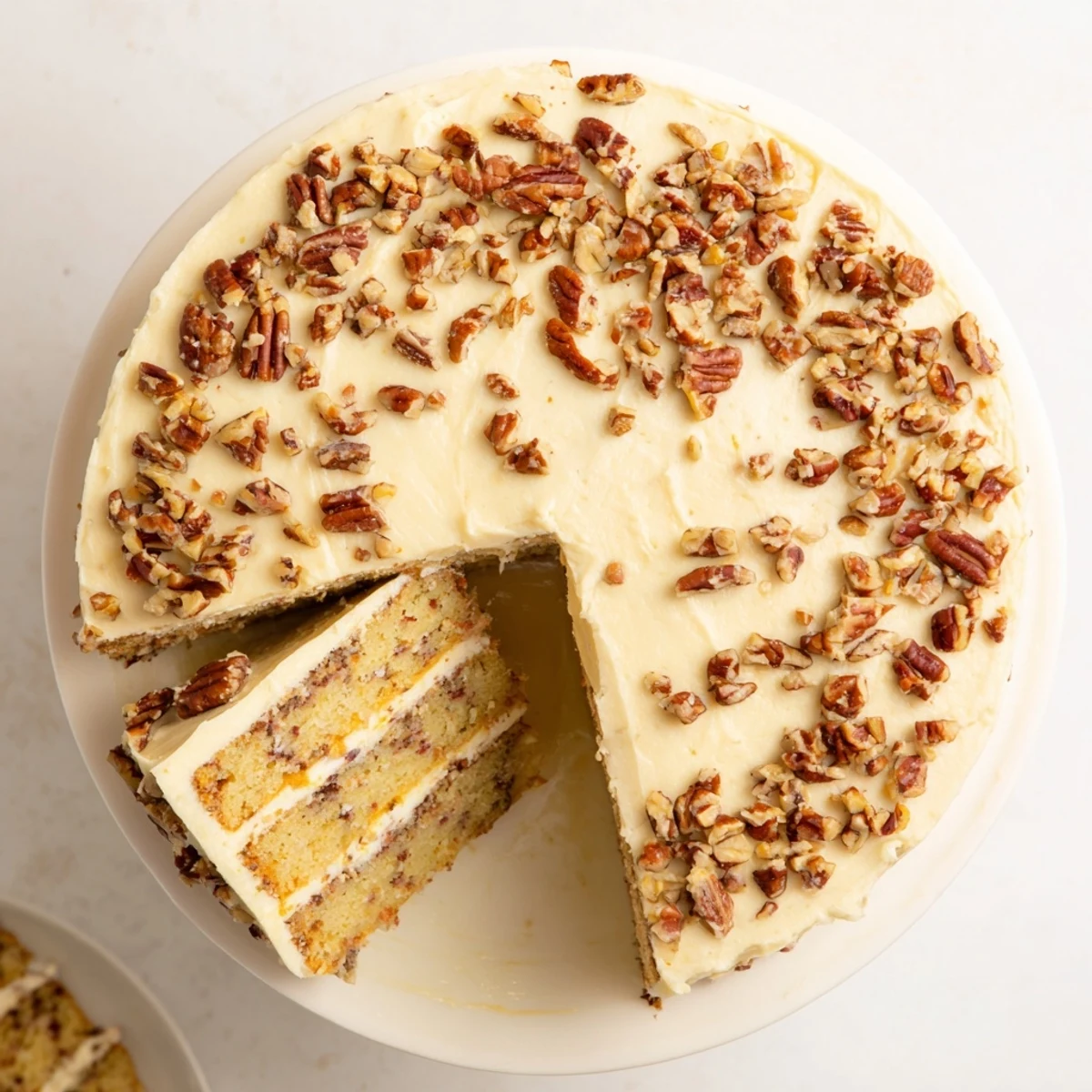 Golden butter pecan cake layered with creamy vanilla frosting and topped with toasted pecans
