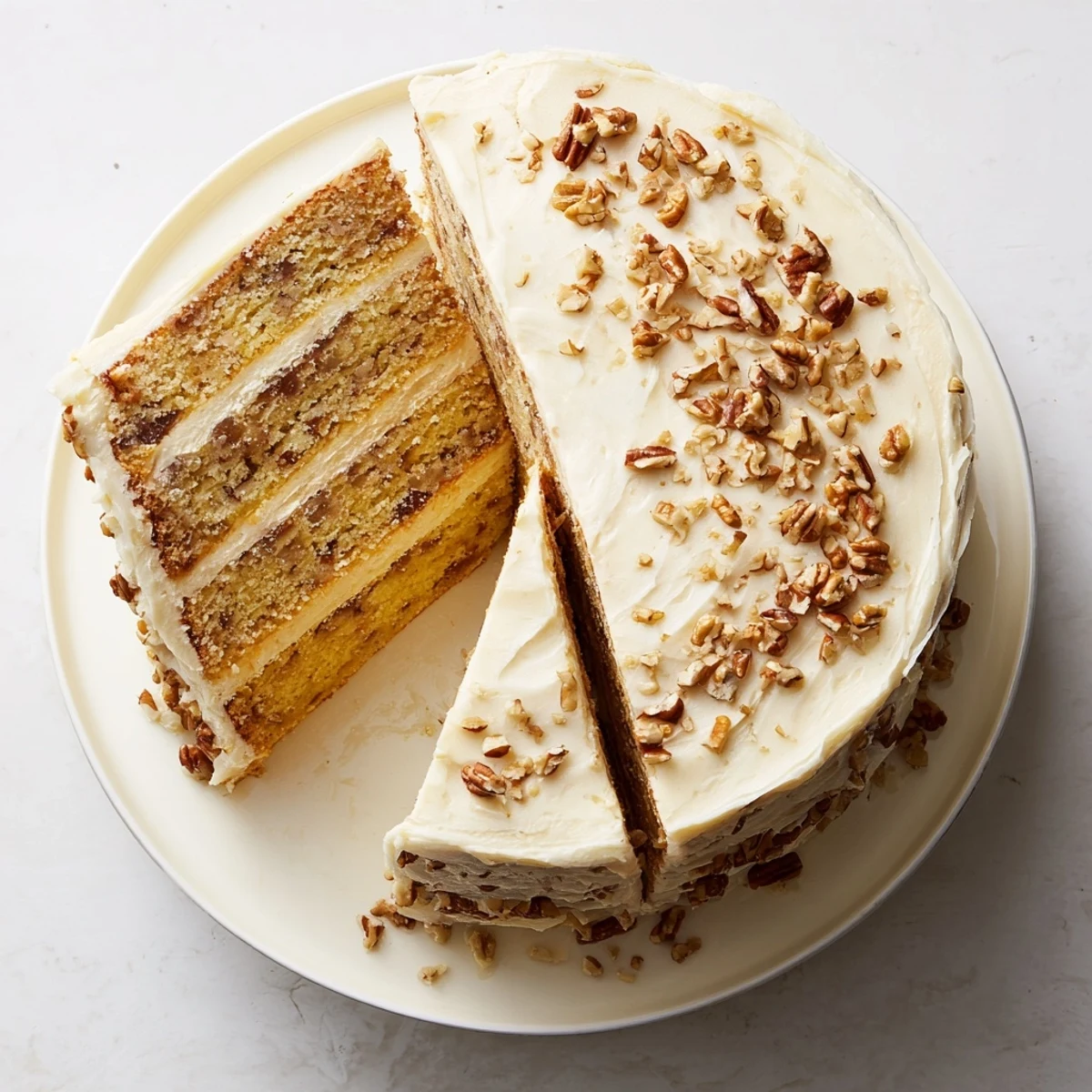 Decadent three-layer butter pecan cake with velvety buttercream and crunchy pecan garnish