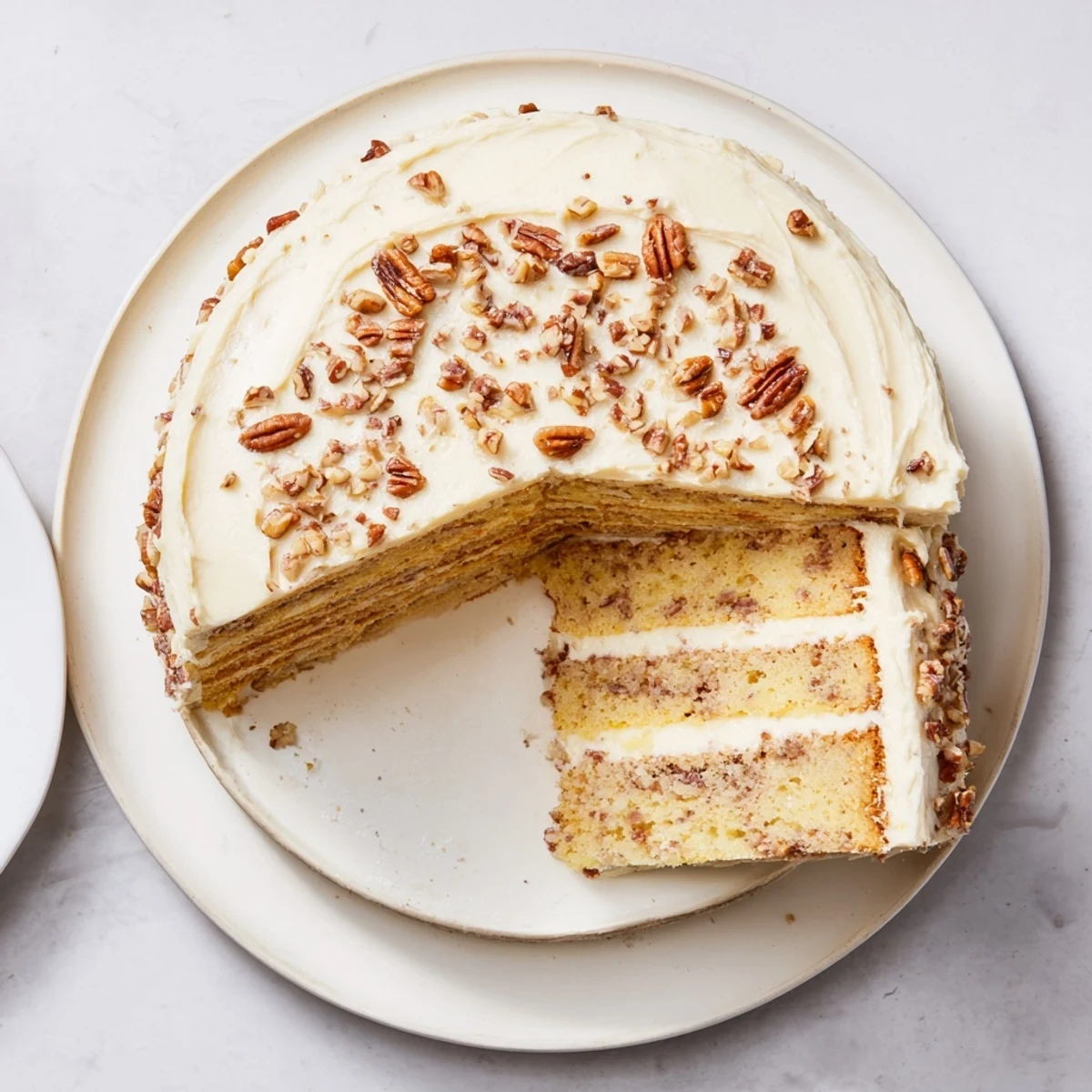 Moist butter pecan cake slice revealing buttery toasted nuts throughout each tender crumb