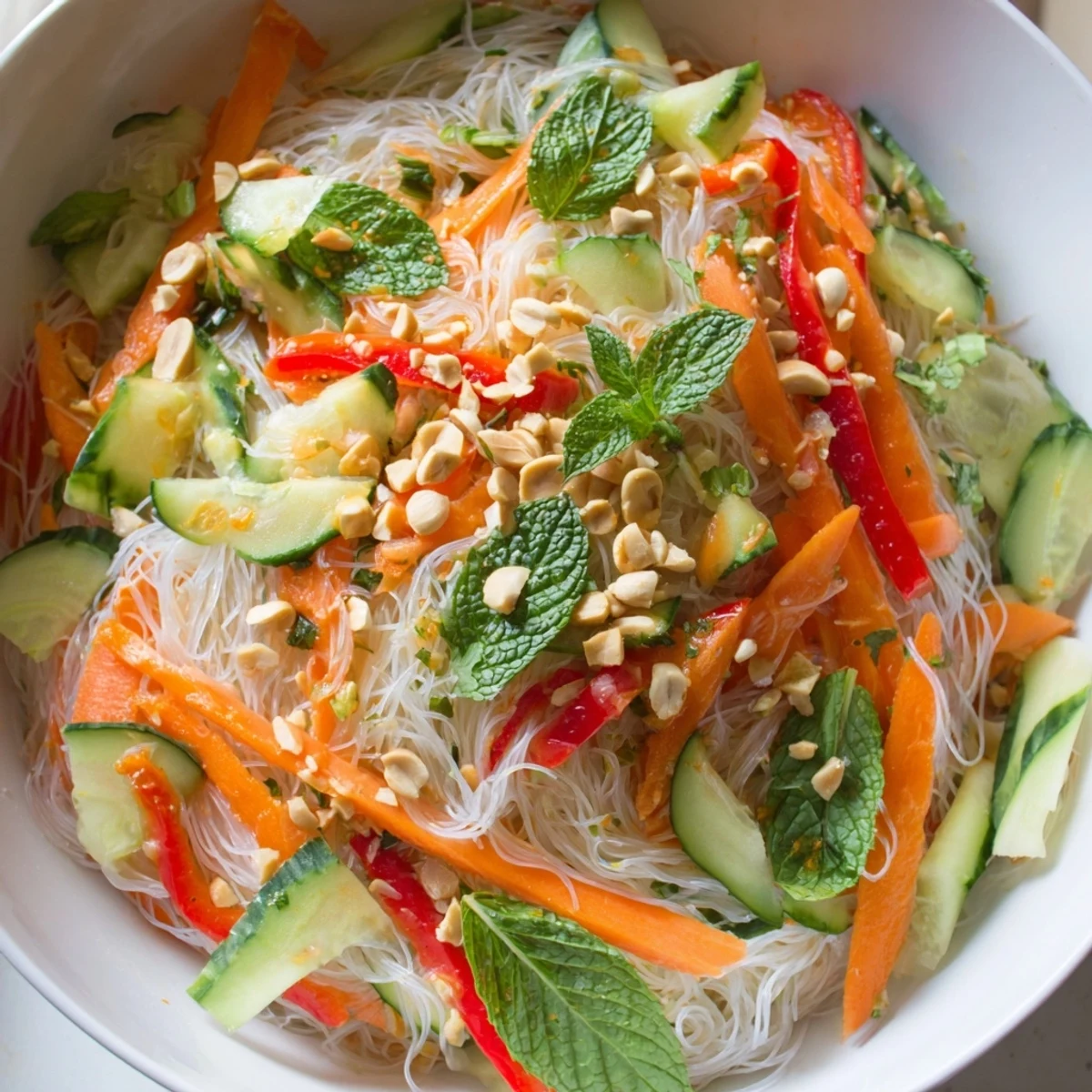 Colorful Vietnamese noodle salad with crisp vegetables, fresh herbs, and tangy lime dressing in a white serving bowl