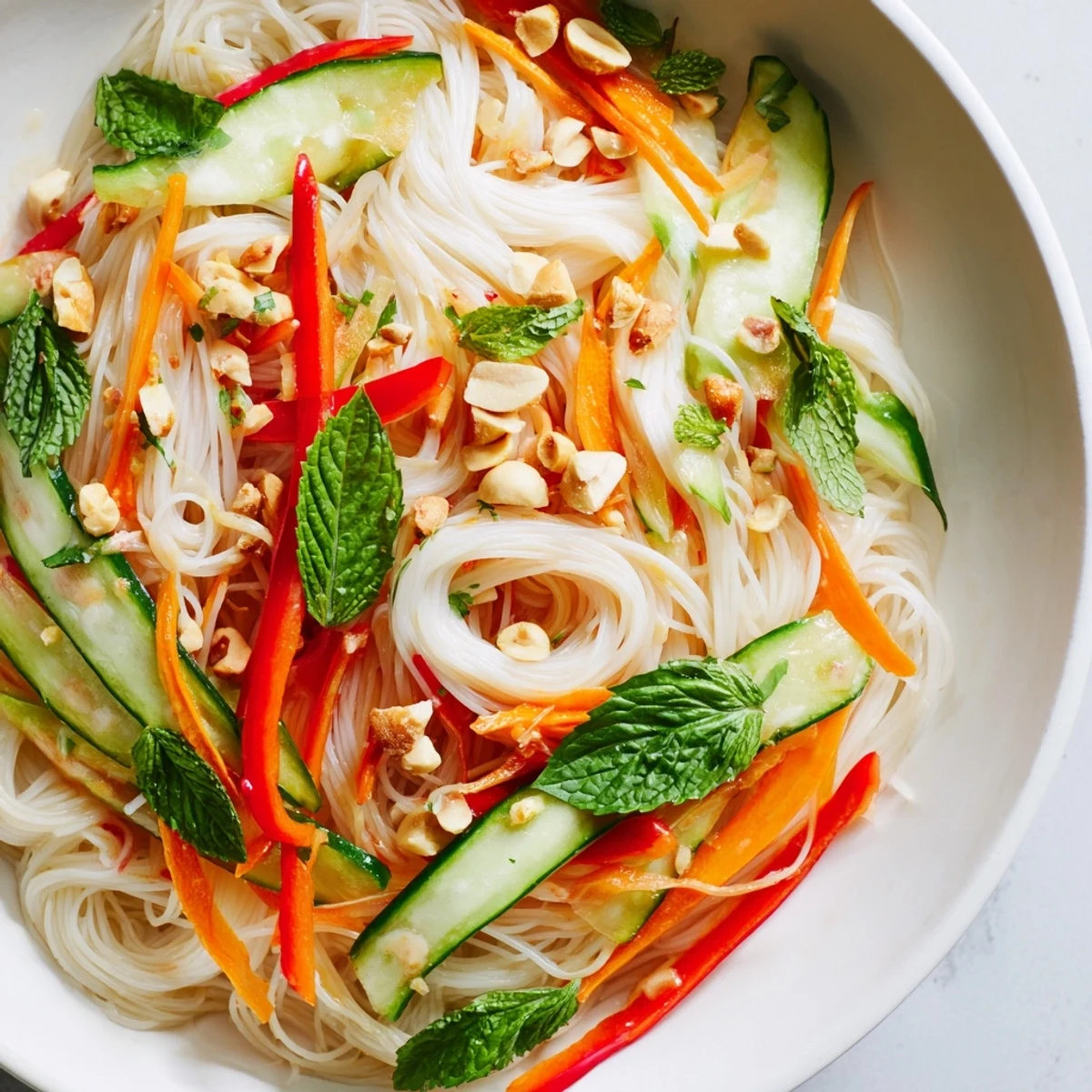 Vibrant bowl of Vietnamese noodle salad featuring rice vermicelli, julienned carrots, cucumber, and zesty homemade dressing