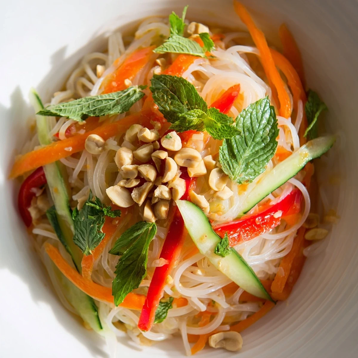 Close-up of refreshing Vietnamese noodle salad topped with crushed peanuts, mint, cilantro, and tangy lime-garlic dressing