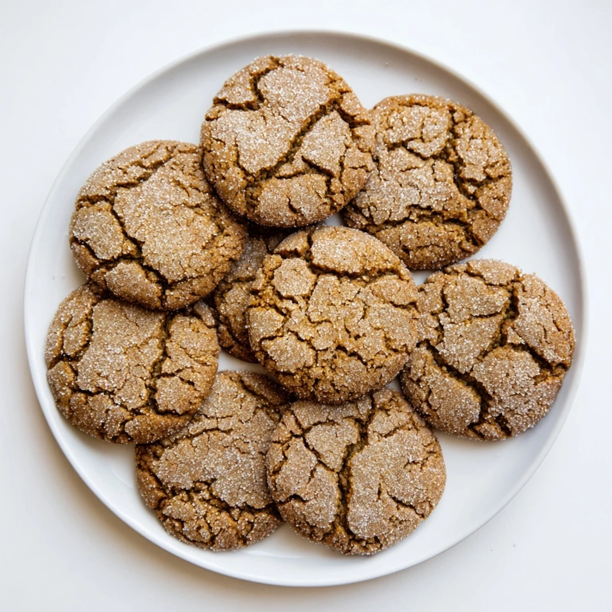 Golden brown gingersnap cookies with crackled tops and sugar-coated edges arranged on a cooling rack