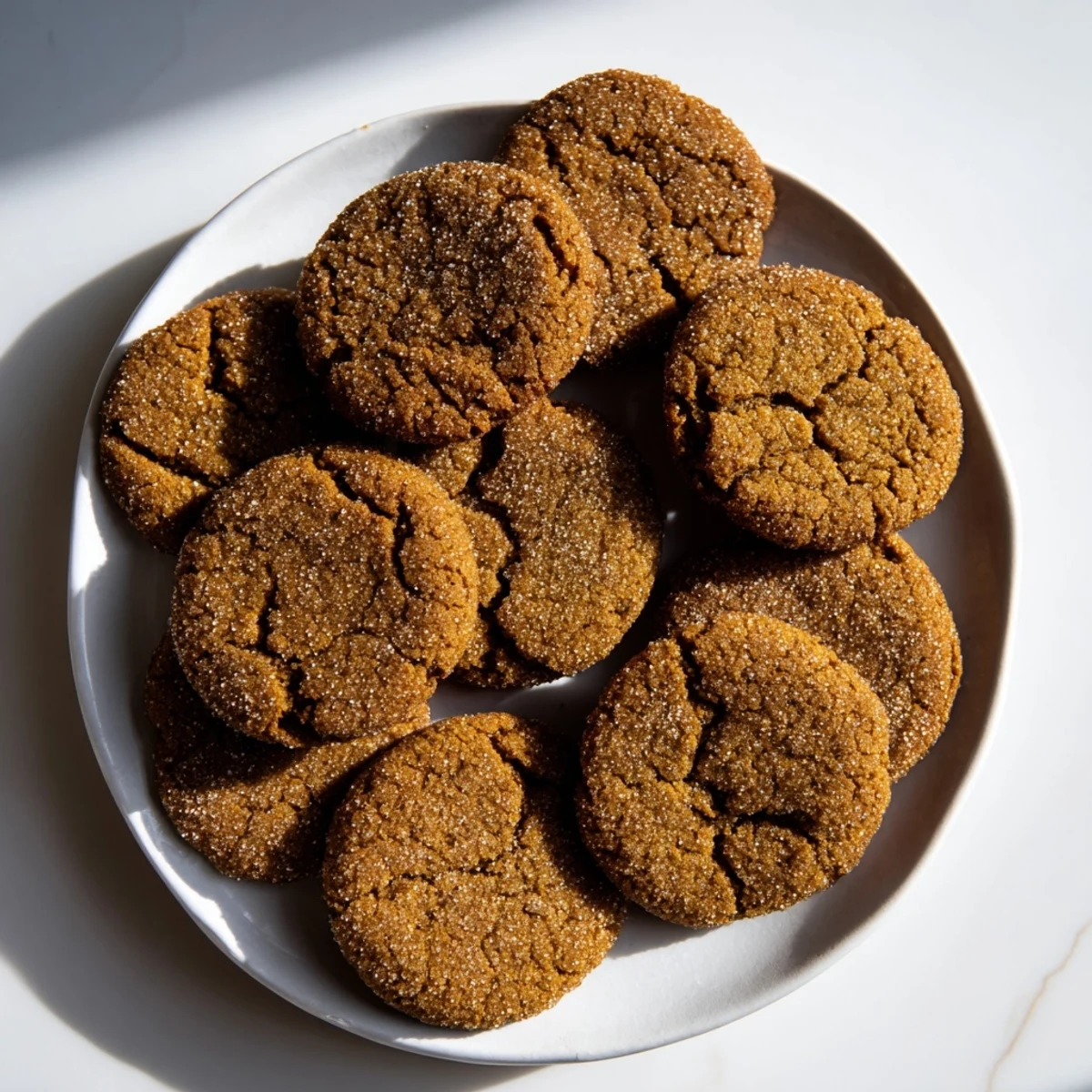 Stack of spicy gingersnap cookies featuring classic crackled texture perfect for holiday dessert platters and winter gatherings
