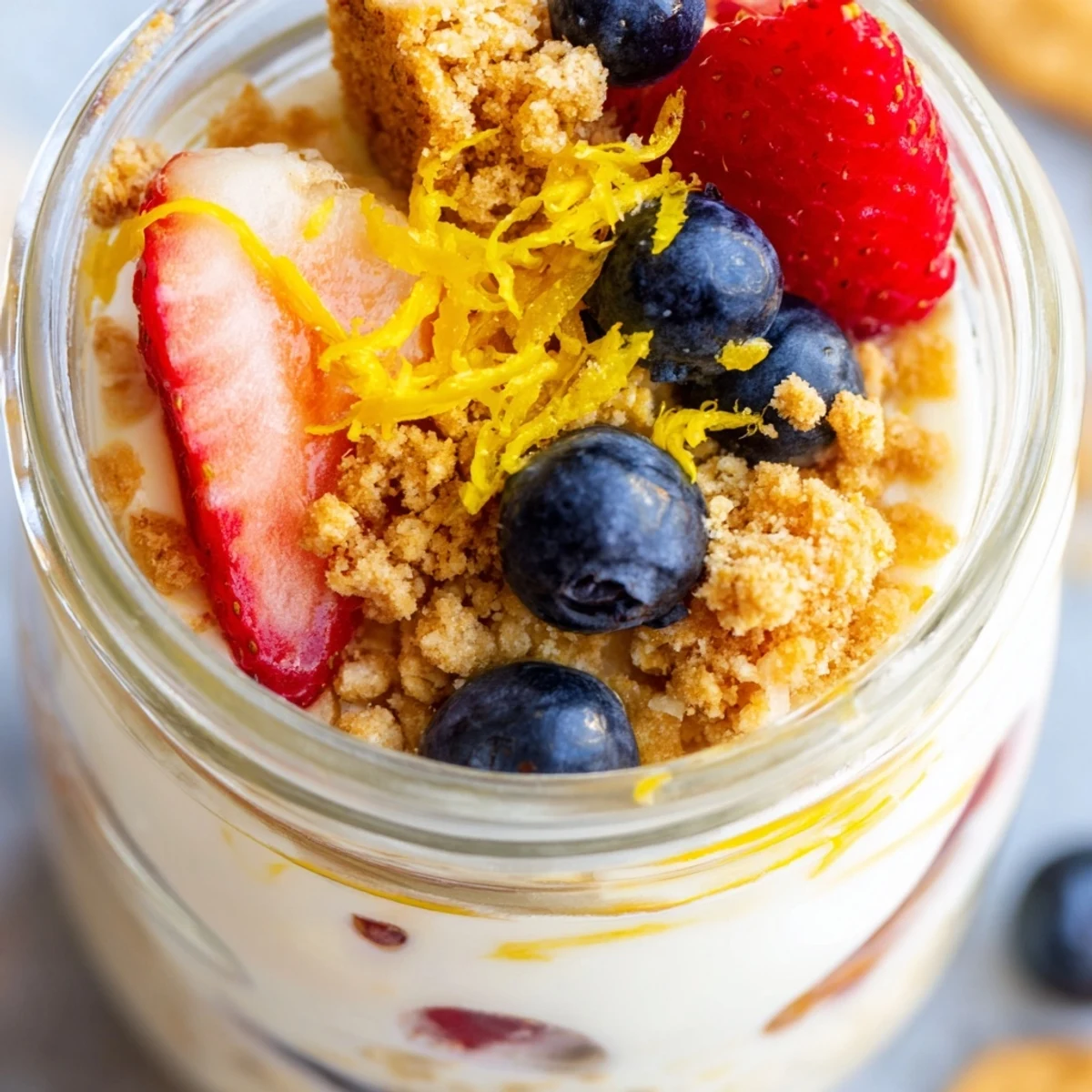 Glass jar of zesty lemon cheesecake overnight oats topped with fresh blueberries and graham cracker crumbles