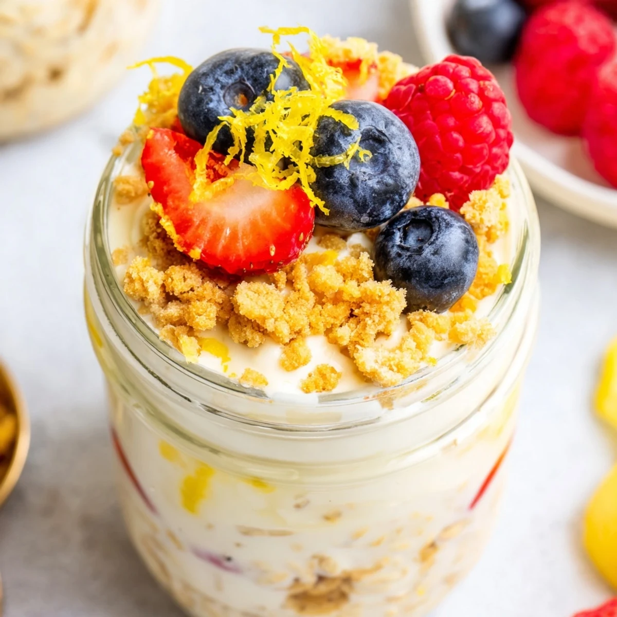 Creamy overnight oats jar layered with lemon cheesecake flavors, raspberries, and a lemon zest garnish