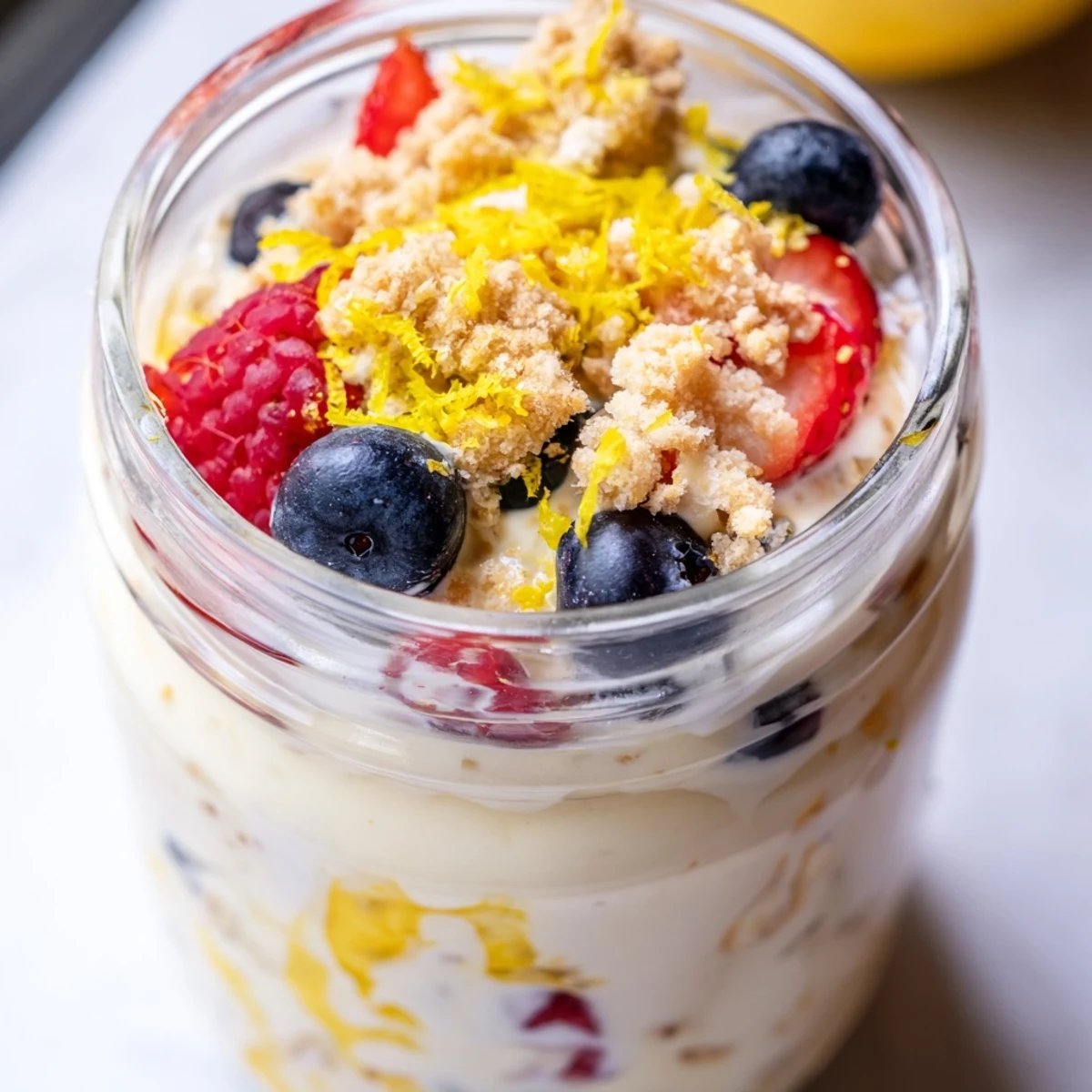 Spoonful of zesty lemon cheesecake overnight oats showing the creamy texture and berry toppings