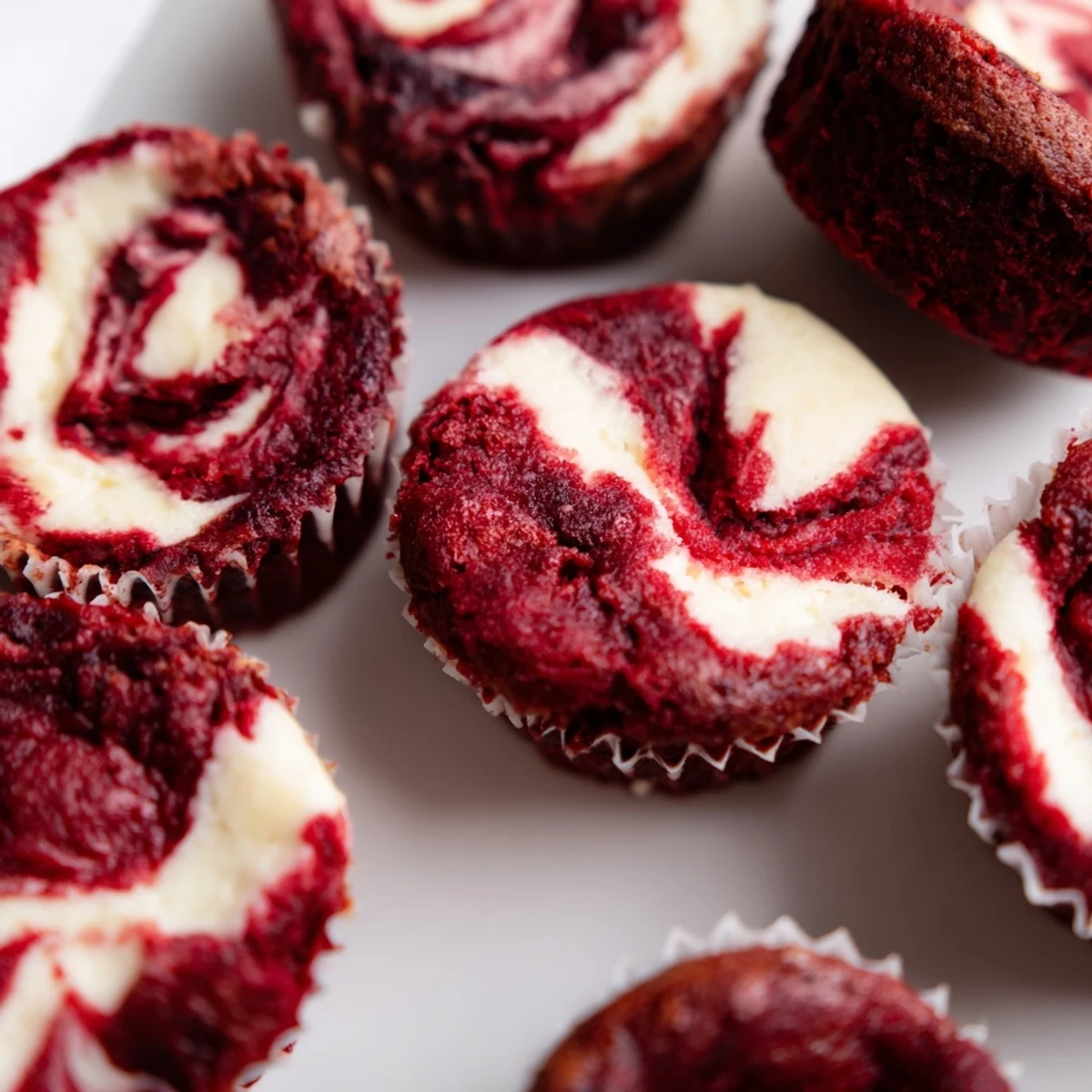 Fudgy red velvet brownie bites topped with creamy white cream cheese swirl on a white plate