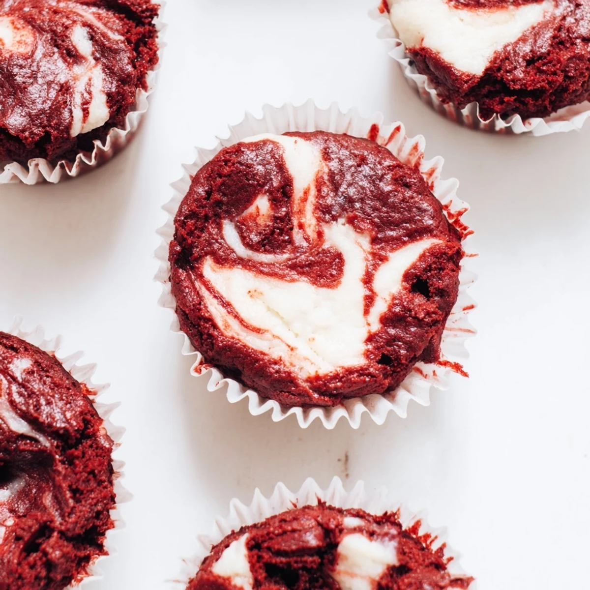 Decadent red velvet brownie bites with golden edges and marbled cream cheese topping arranged for serving
