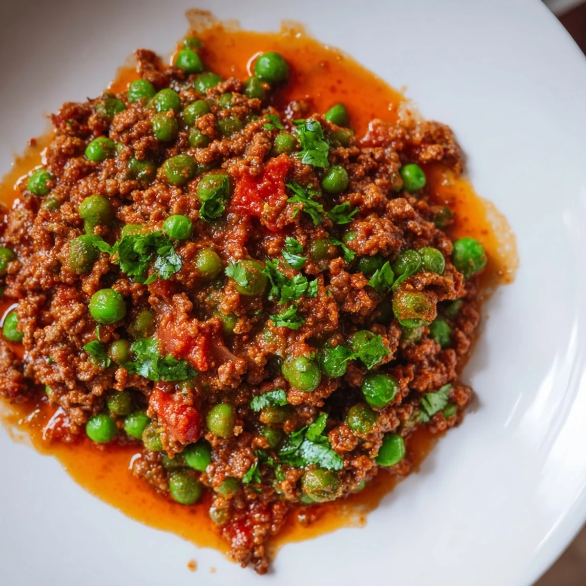 Savory Keema Curry featuring aromatic ground meat simmered with tomatoes, peas, and warming Indian spices