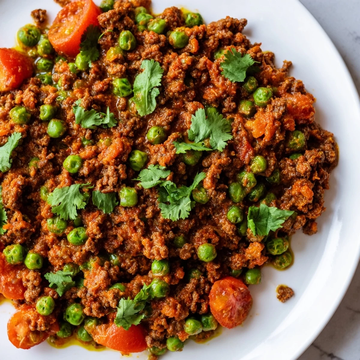 Golden bowl of Savory Keema Curry garnished with fresh cilantro and served alongside fluffy basmati rice