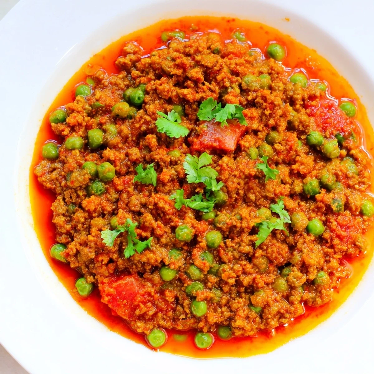 Rich and spicy Savory Keema Curry with tender ground lamb, vibrant green peas, and fragrant garam masala
