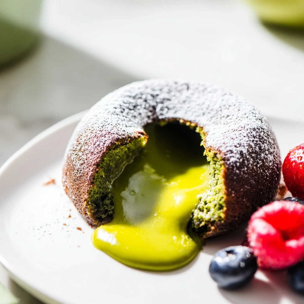 Golden matcha lava cake with molten green center flowing onto white plate