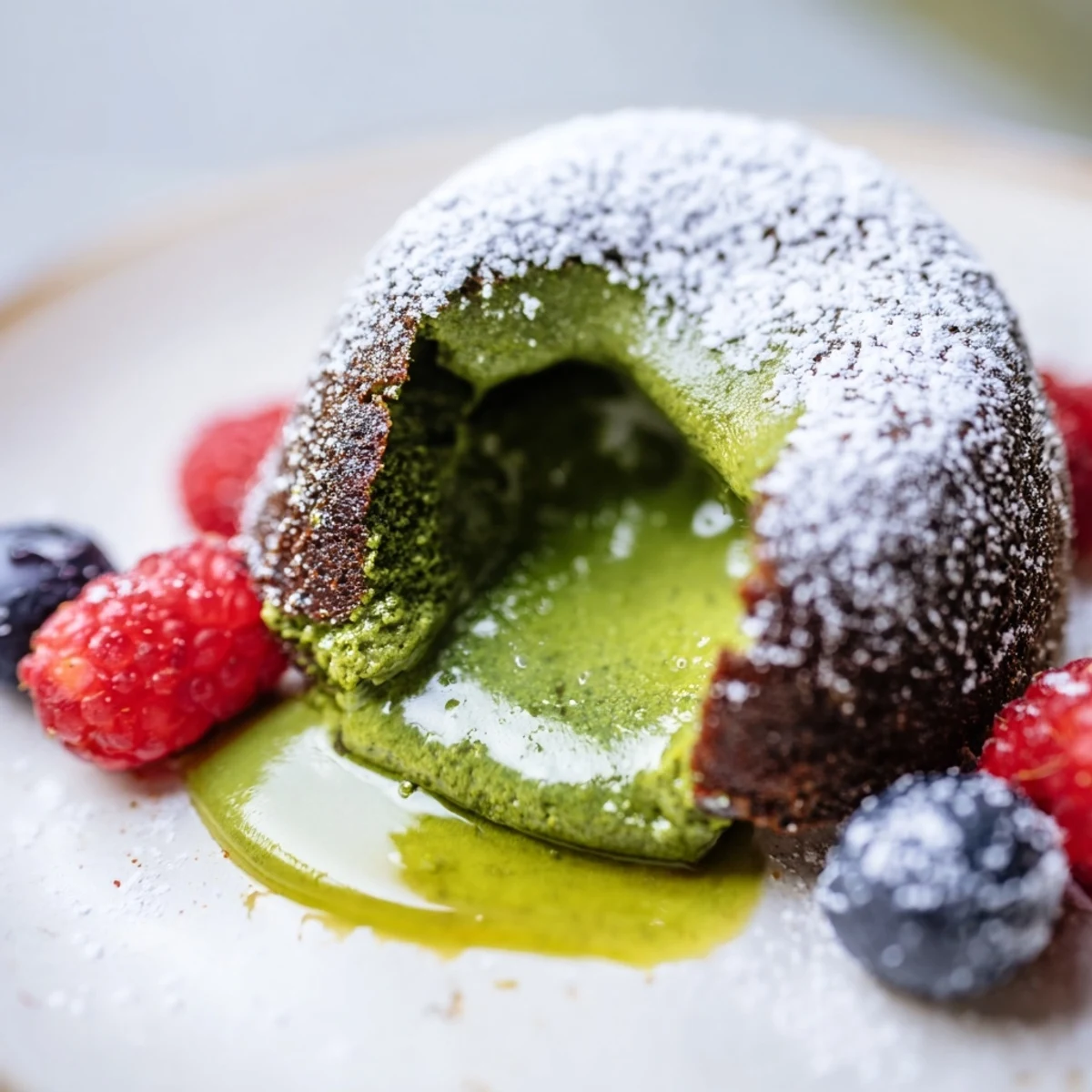 Individual matcha lava cake dusted with powdered sugar and fresh red berries