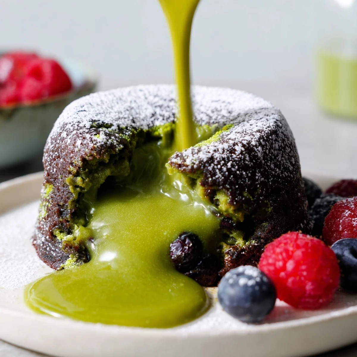 Warm matcha lava cake oozing vibrant green tea filling from chocolate exterior