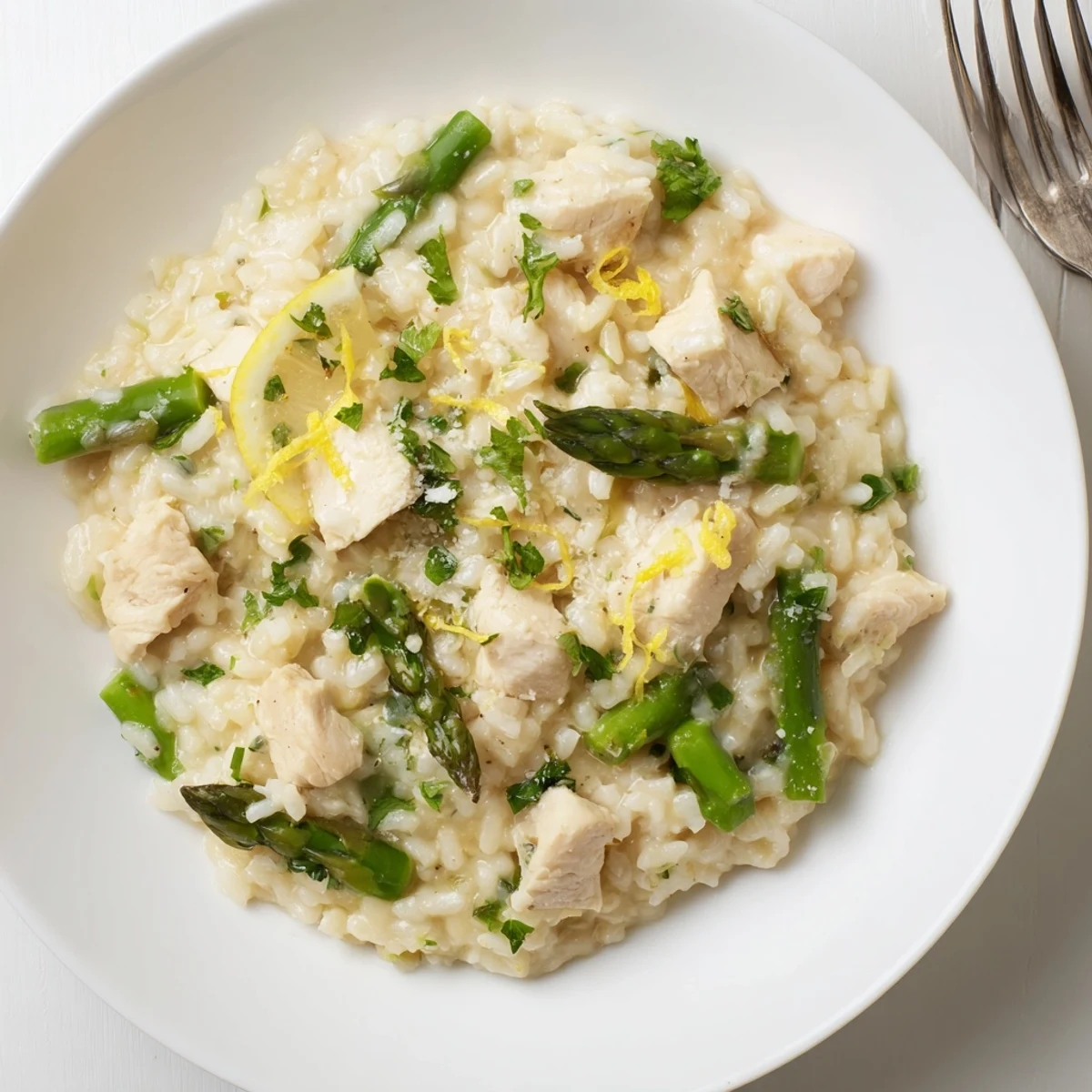 Creamy chicken and asparagus risotto topped with freshly grated Parmesan and chopped parsley