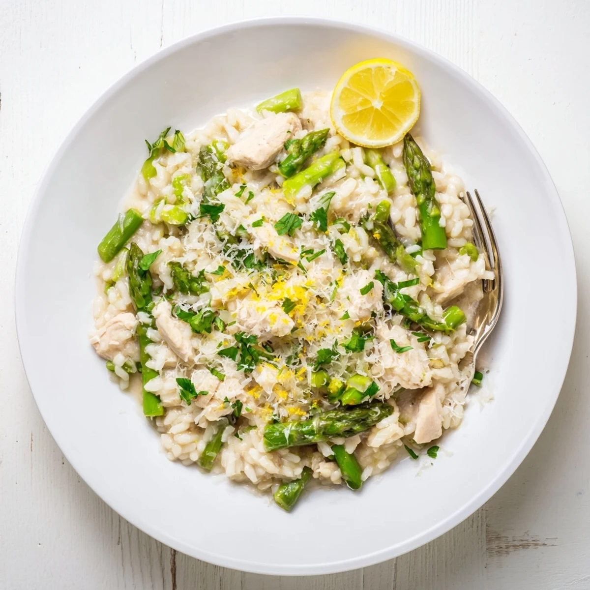 Golden chicken pieces and tender asparagus spears folded into rich Italian Arborio rice