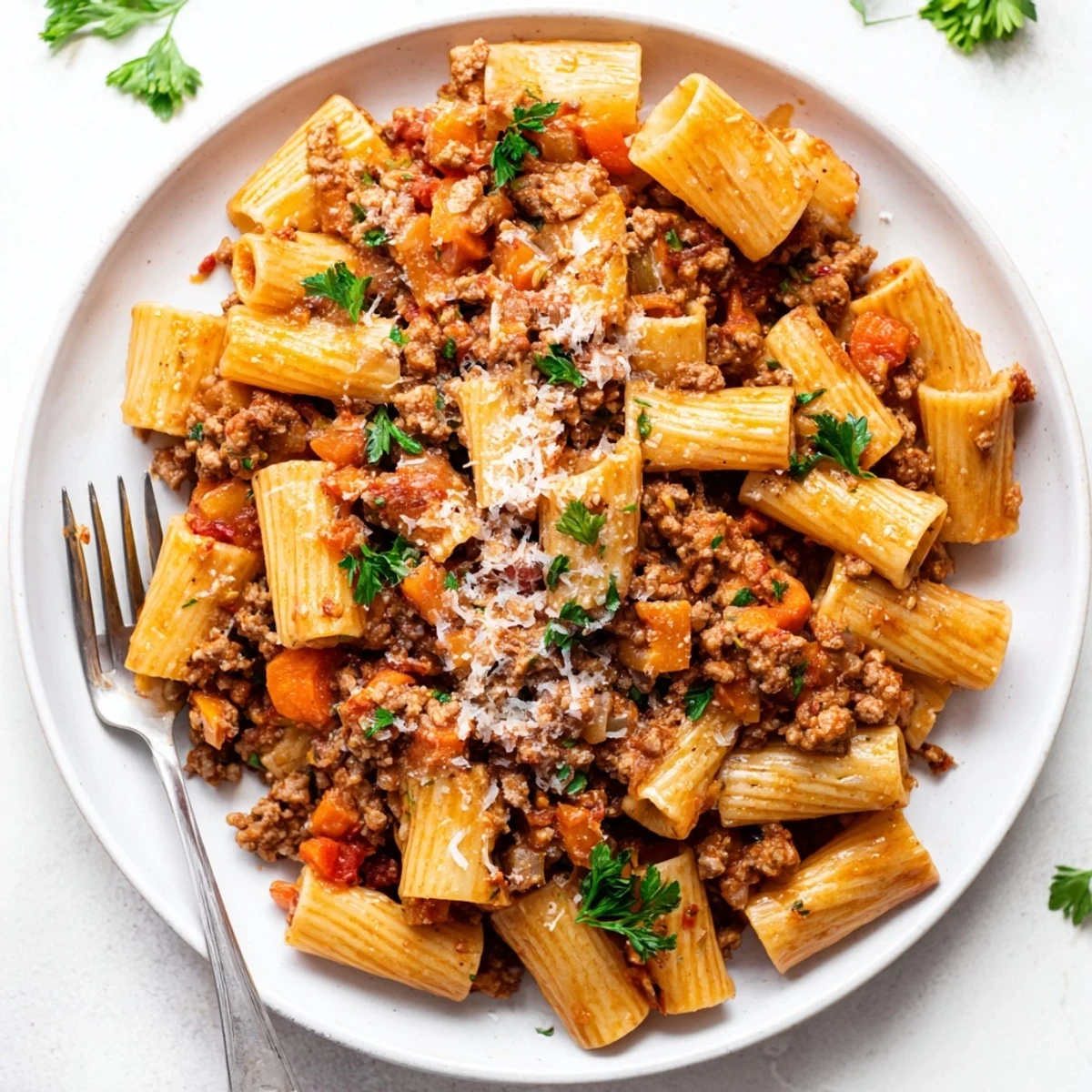 Homemade Turkey Bolognese sauce simmered with crushed tomatoes over al dente spaghetti pasta