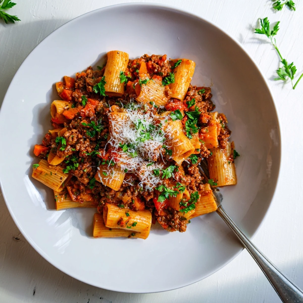 Ground Turkey Bolognese pasta dish plated with rustic tomato meat sauce and herb garnish