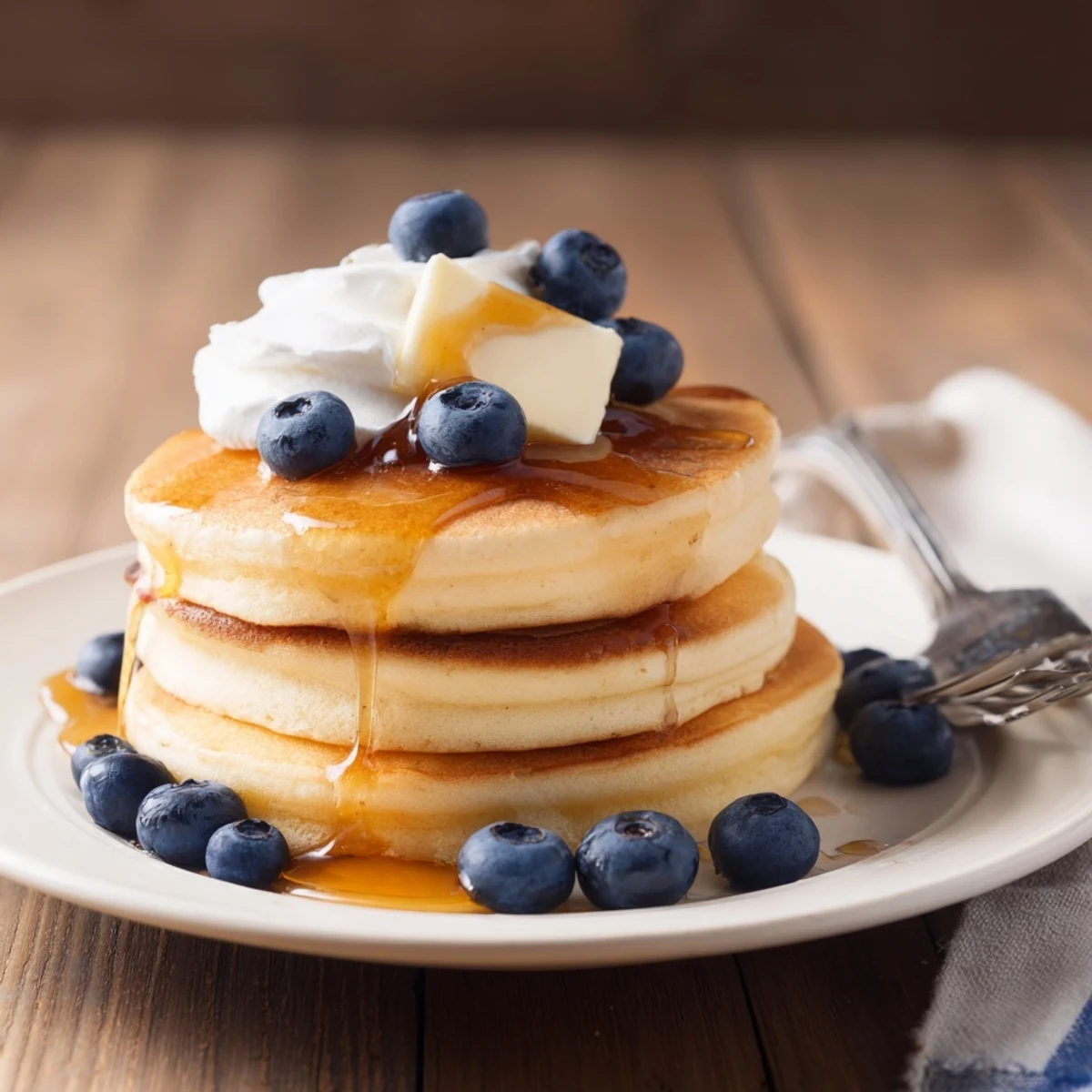Golden stack of fluffy pancakes drizzled with maple syrup and topped with fresh berries