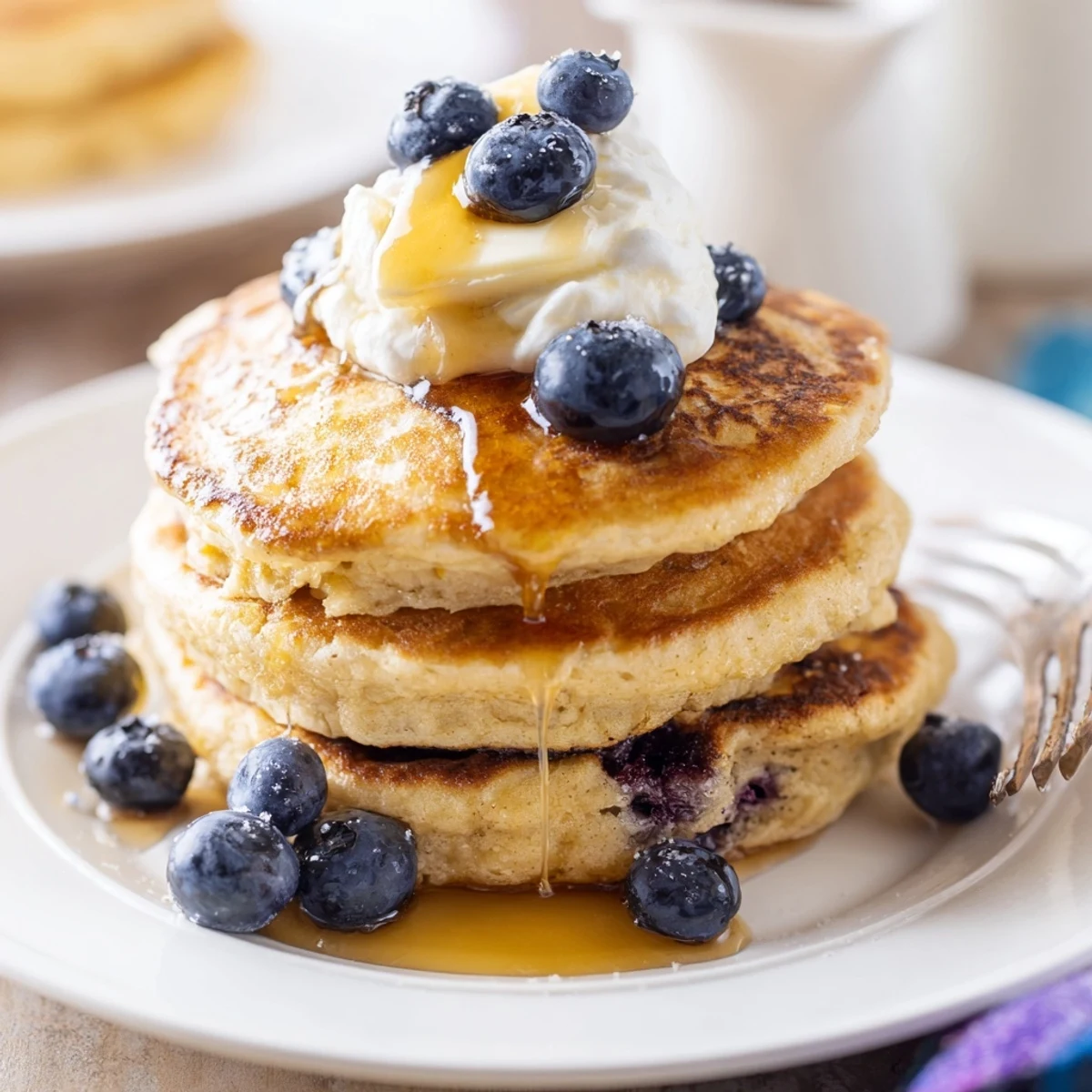 Warm fluffy pancakes on a white plate with melting butter and poured syrup