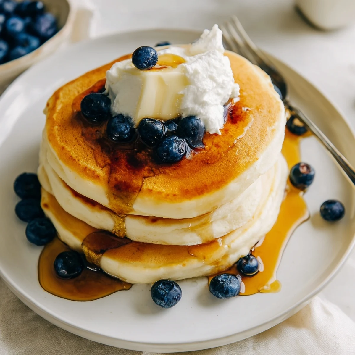American breakfast spread featuring tall fluffy pancakes alongside bacon and fresh fruit toppings