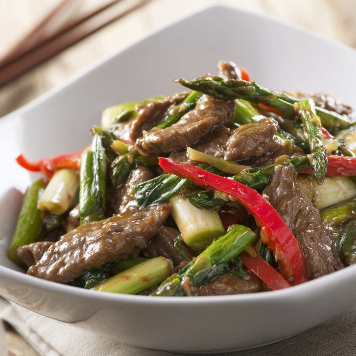 Savory soy beef bok choy and asparagus stir fry featuring tender beef strips and crisp vegetables in glossy brown sauce