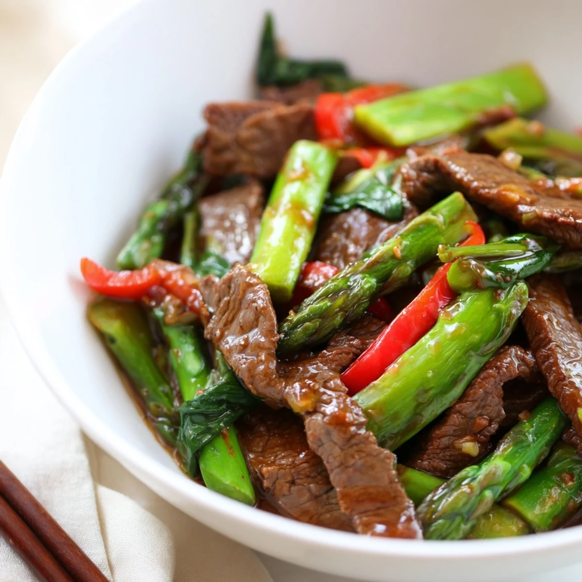 Quick beef bok choy and asparagus stir fry plated over steamed white rice with vibrant green vegetables and rich soy glaze