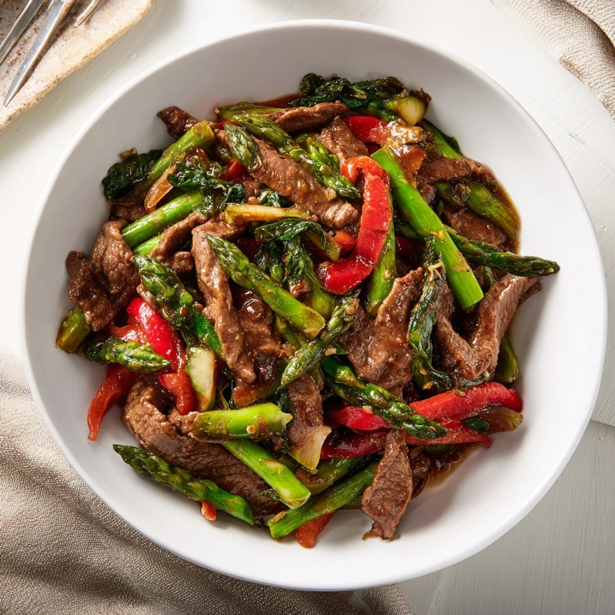 Sizzling beef asparagus and bok choy stir fry in a wok showcasing colorful vegetables coated in savory Asian-inspired soy sauce