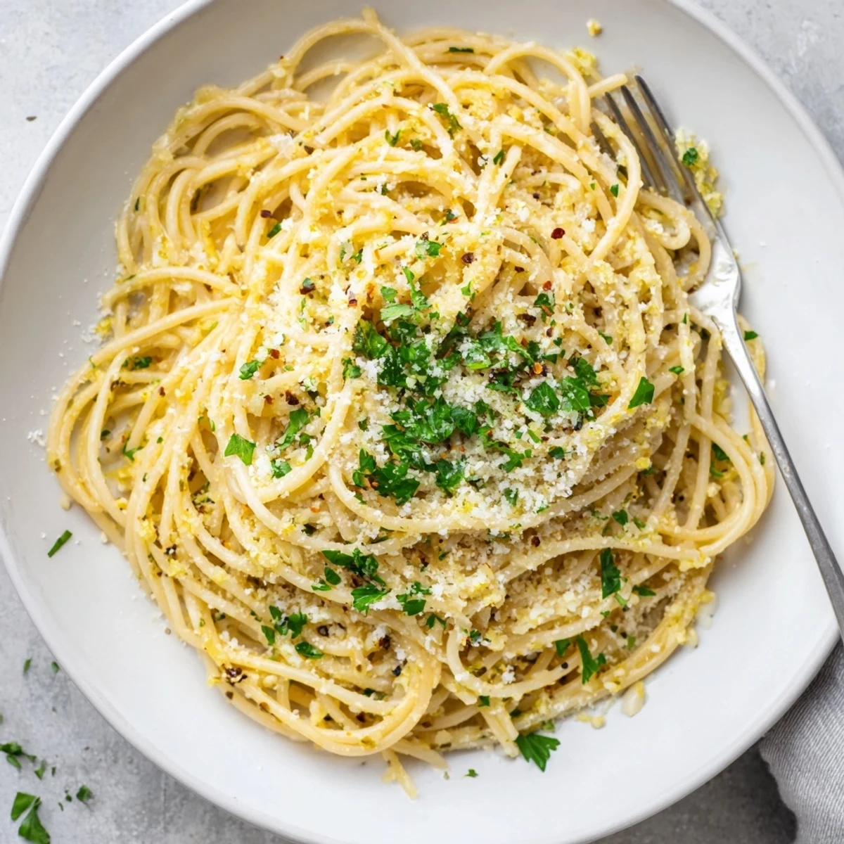 Creamy garlic butter pasta glistening in a white bowl with lemon zest and red pepper flakes scattered on top.