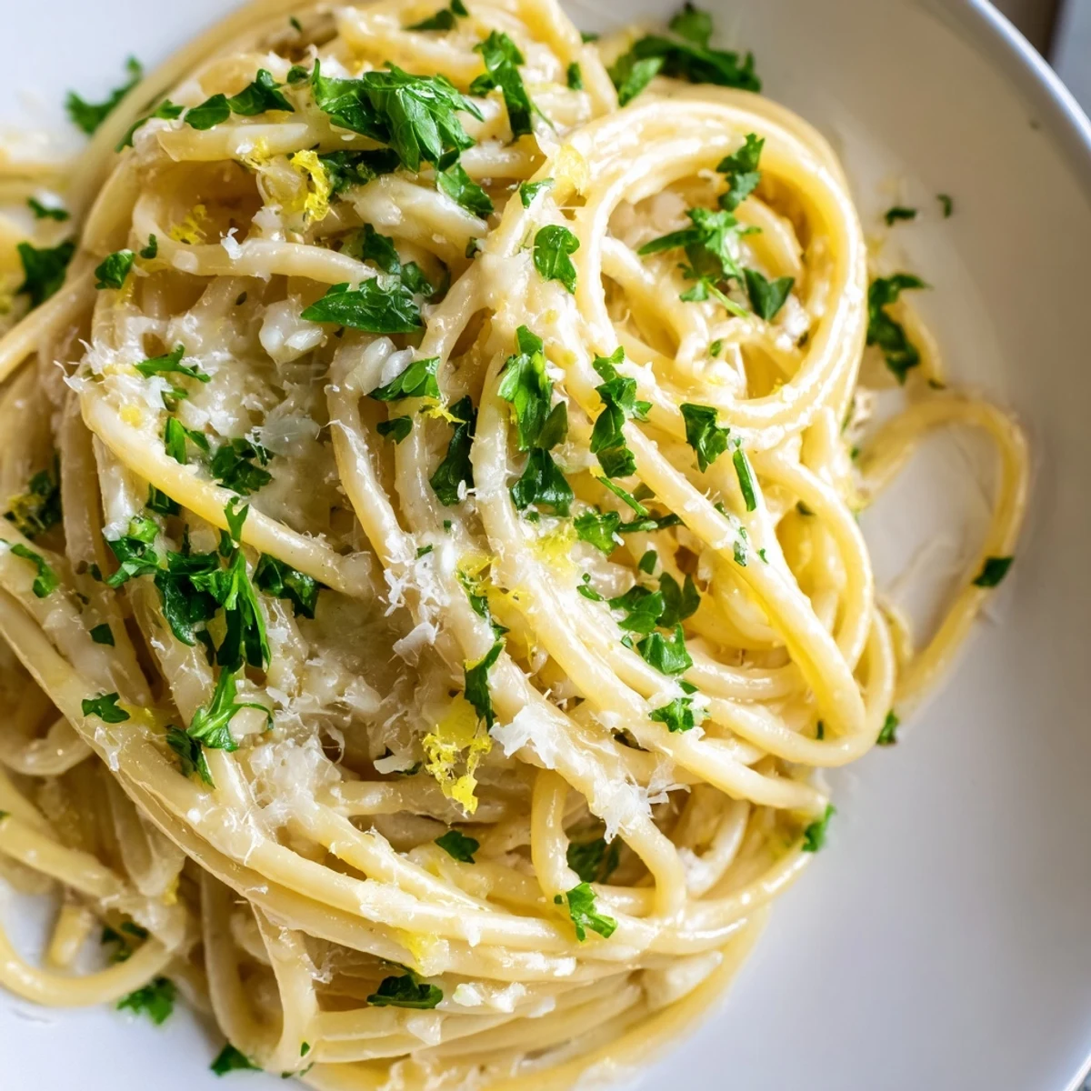Creamy one pot garlic butter pasta twirled on a white plate with lemon wedge and cracked pepper