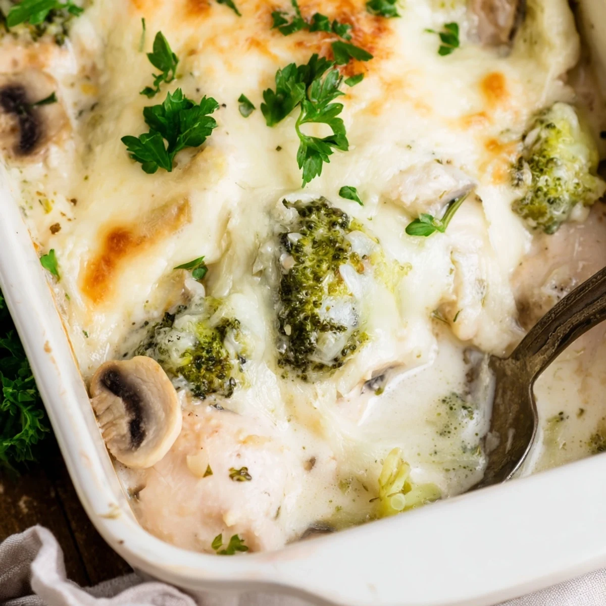 Golden bubbly low carb chicken casserole with tender broccoli and melted mozzarella cheese topping