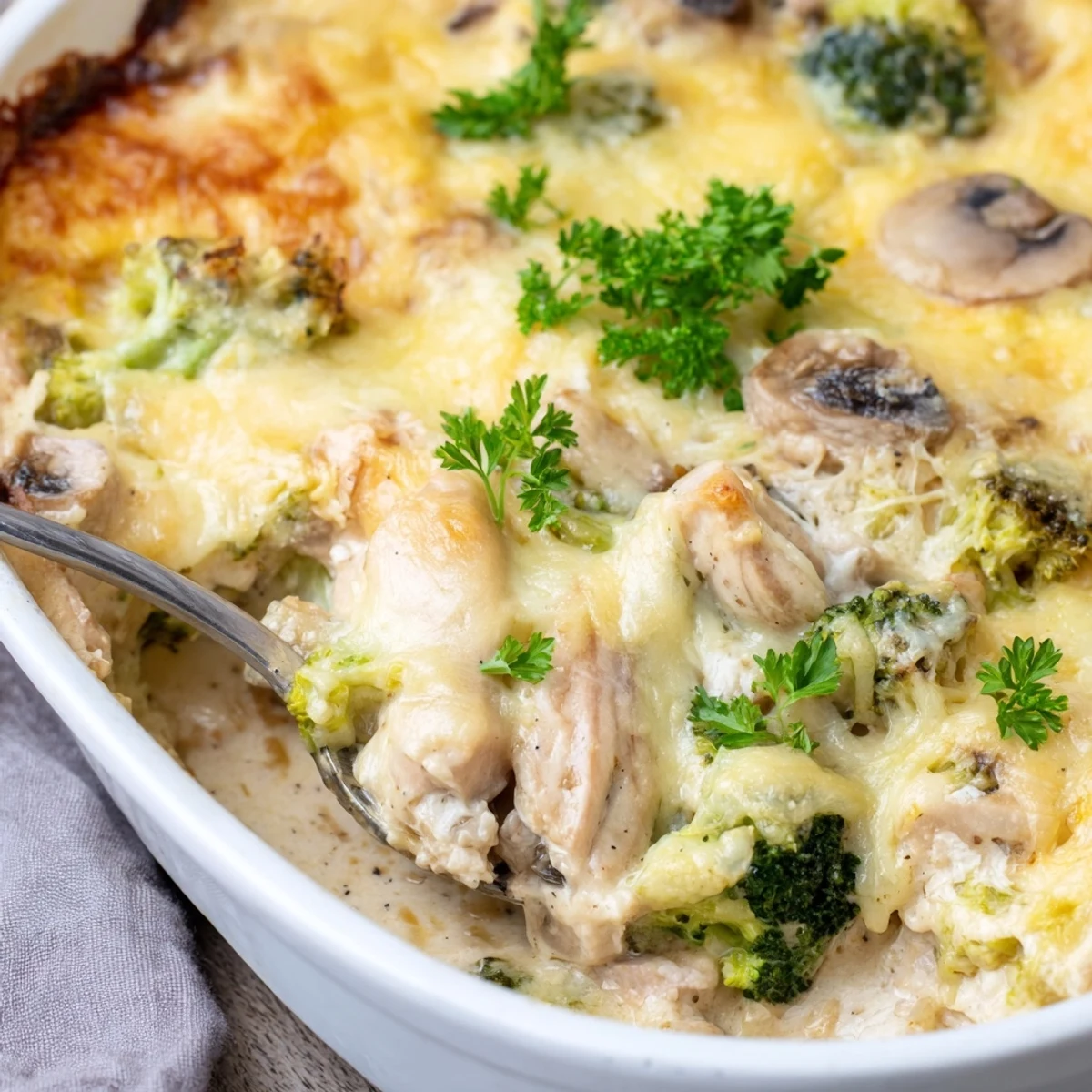 Creamy low carb chicken casserole baked in white dish with fresh parsley garnish