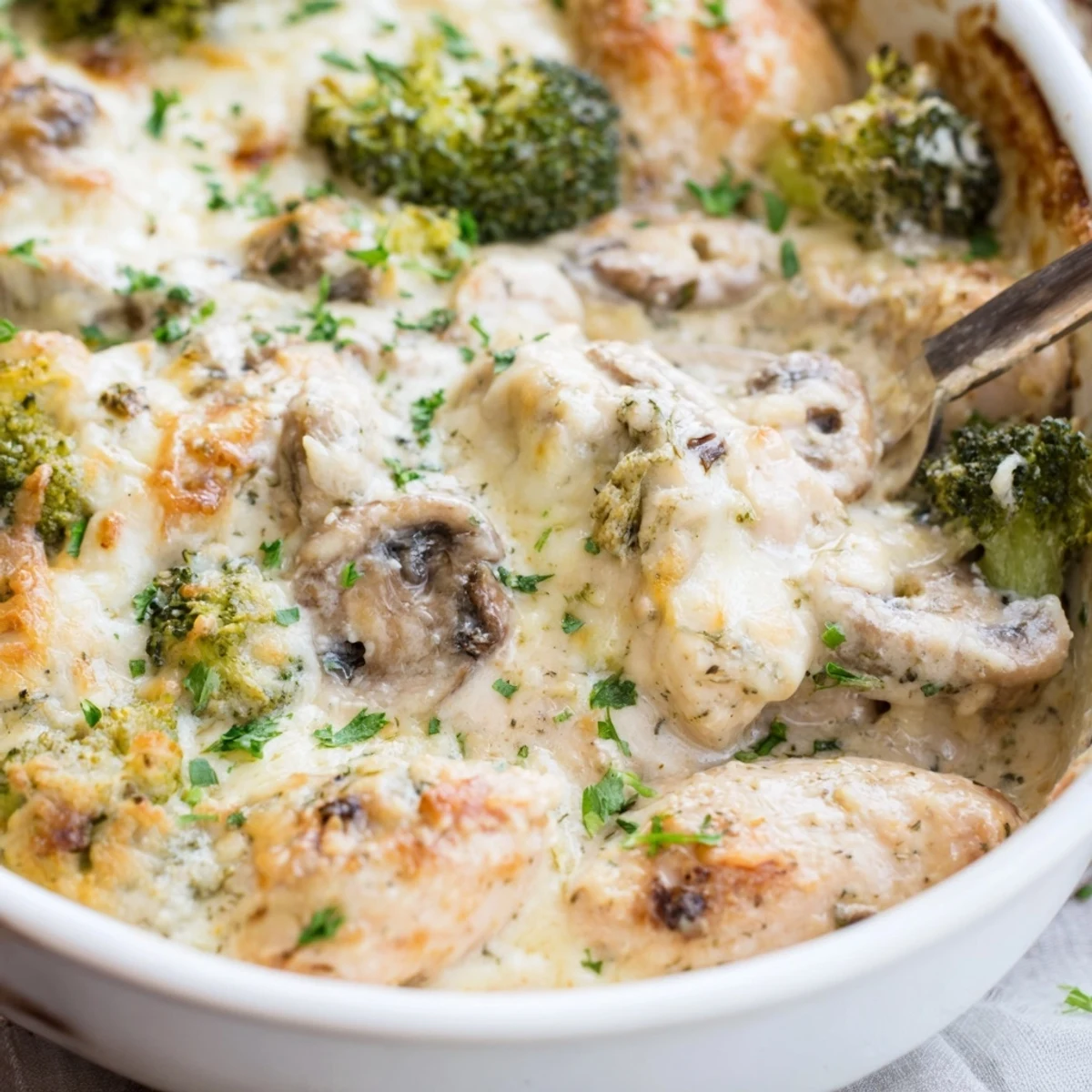Savory low carb chicken casserole featuring mushrooms in rich parmesan cream sauce bubbling hot