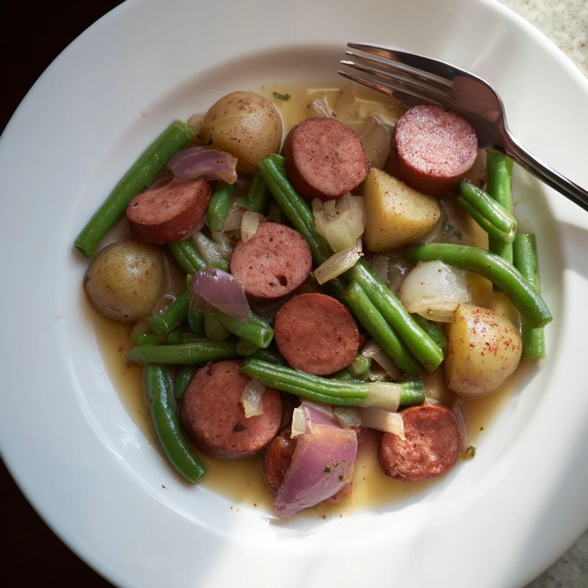 Slow cooker Crockpot Kielbasa and Green Beans with tender potatoes in savory broth