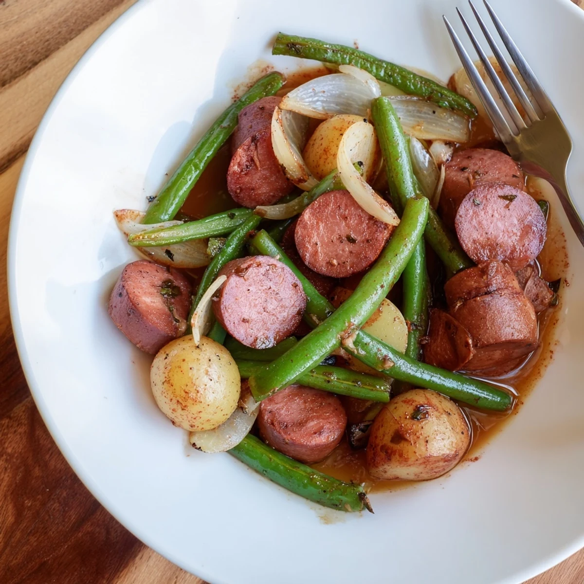 Plated Crockpot Kielbasa and Green Beans featuring smoky sausage slices and crisp vegetables